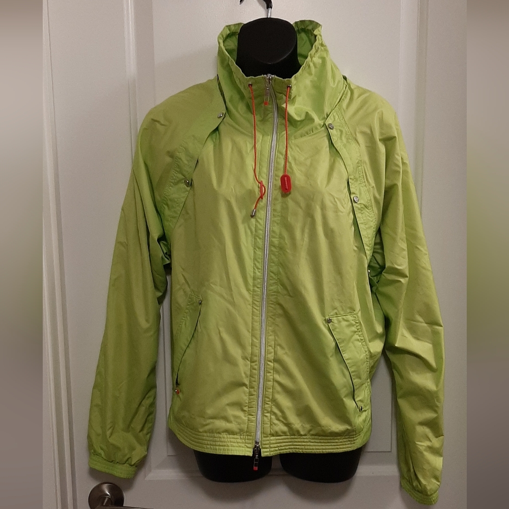 Izod Golf Windbreaker Jacket Removable Sleeves Neon Green Pink Women's XL